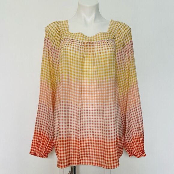 LC Lauren Conrad Gingham Check Gradient Orange Long Sleeve Blouse - Picture 1 of 9